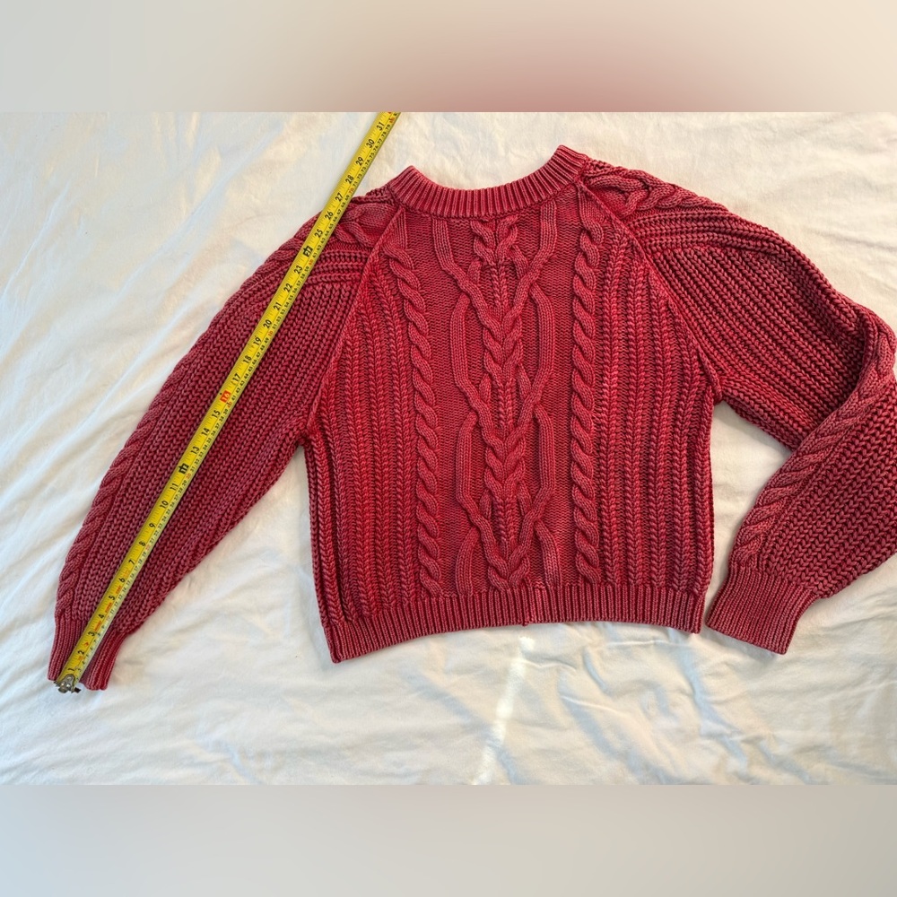 Free People Chunky Cable Knit Sweater Berry Red Cotton Cropped Cozy Knit Small - Picture 9 of 12